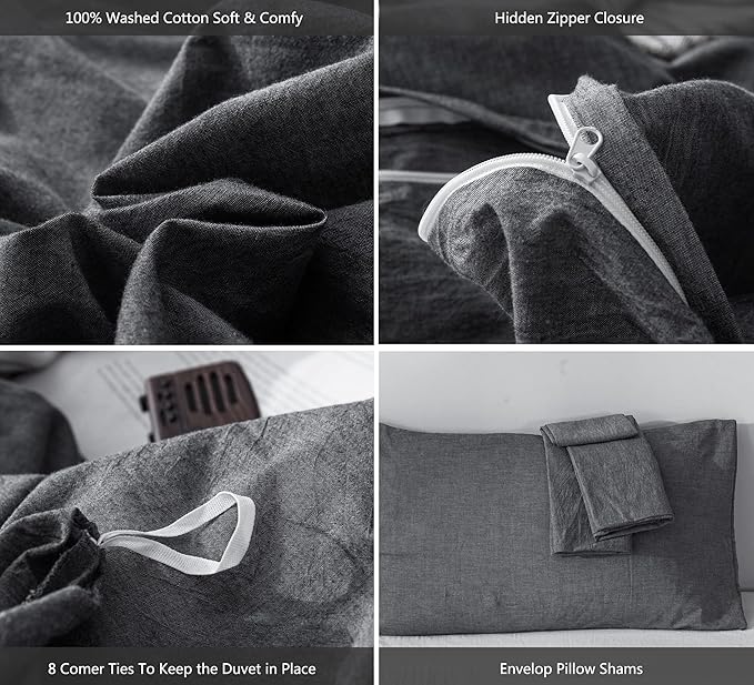 MooMee Bedding Duvet Cover Set 100% Washed Cotton Linen Like Textured Breathable Durable Soft Comfy (Heathered Dark Grey, Queen 90"x90")