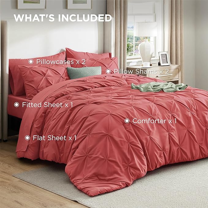 Bedsure California King Comforter Set - Bed in a Bag Cal King Bedding Set 7 PCS, GentleSoft™ Pintuck Bed Set Gift for Family, Pinch Pleat Coral Red Comforter with Sheets, Pillowcases & Shams