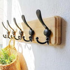 Dseap Coat Rack Wall Mount - Heavy-Duty Robust Rustic Wooden Wall Coat Hanger Hook Rail with 5 Triple Hooks for Winter Coats Hat Jacket Clothing, Light Brown & Black, Pack of 2