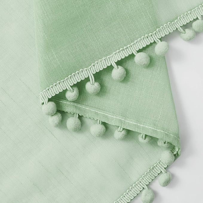 Treatmentex Sage Green Sheer Curtains for Kids-Room 63 inches Slub Textured Pom Pom Window Drapes for Bedroom Sage 52" W x 2 Panels Rod Pocket