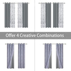 BONZER Mix and Match Curtains - 2 Pieces Branch Print Sheer Curtains and 2 Pieces Blackout Curtains for Bedroom Living Room Grommet Window Drapes, 37x63 Inch/Panel, Light Grey, Set of 4 Panels