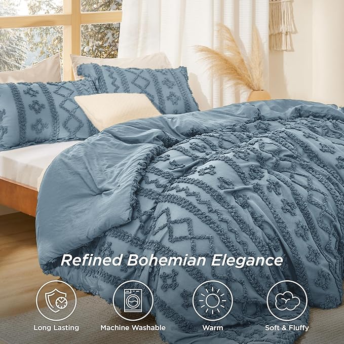 Bedsure Tufted Boho Comforter Set Twin Size - Grayish Blue Boho Bed Set, GentleSoft™ 2 Pieces Farmhouse Shabby Chic Embroidery Bedding, Gifts for Woman, Soft Jacquard Twin Comforter for All Seasons