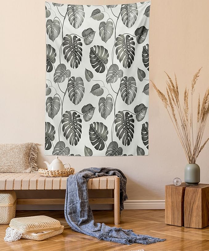 Ambesonne Grey Tapestry, Illustration of Tropical Monstera Leaves Classical with Soft Colors Nature, Wall Hanging for Bedroom Living Room Dorm, 60" X 80", Coconut Gray
