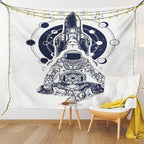 Lunarable Moon Phases Tapestry, Space Shuttle Astronaut in Lotus Position Tattoo Design Yoga Meditation, Wall Hanging for Bedroom Living Room Dorm Decor, 60" X 80", Dark Blue White