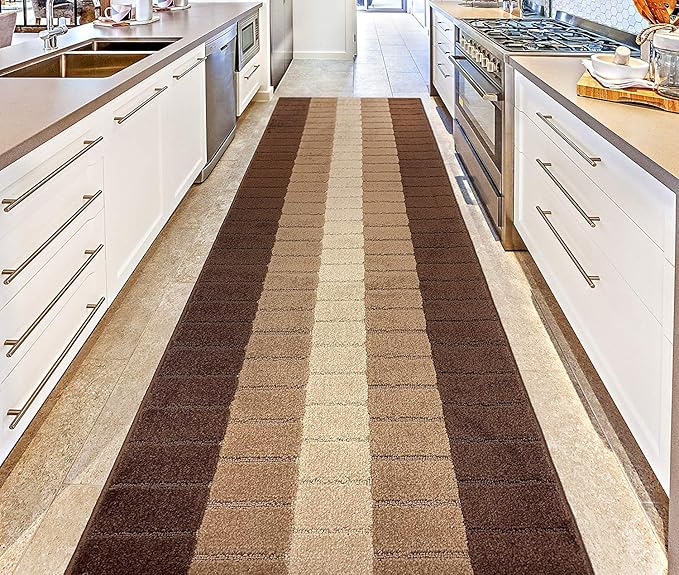 Custom Size Modern Geometric Pattern Carpet Runner Rug for Hallways, Slip Resistant Latex Rubber Backed, 31 inch Wide X Customized Length, Squares Brown, 31 inch X 31 feet