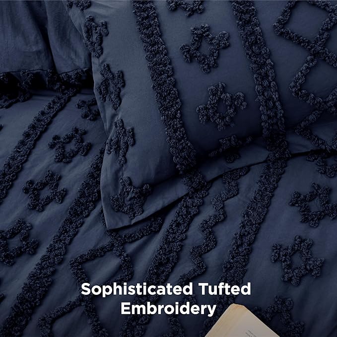 Bedsure Tufted Boho Comforter Set King Size - Navy Boho Bed Set, GentleSoft™ 3 Pieces Farmhouse Shabby Chic Embroidery Bedding, Gifts for Woman, Soft Jacquard King Comforter for All Seasons