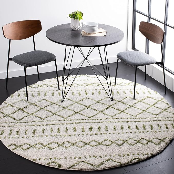 SAFAVIEH Arizona Shag Collection Area Rug - 3'2" Round, Ivory & Green, Moroccan Design, Non-Shedding & Easy Care, 1.6-inch Thick, Ideal for The Living Room, Dining, Bedroom (ASG741Y)