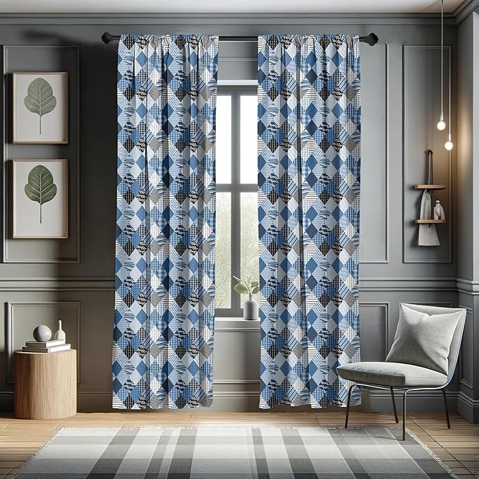 Ambesonne Geometric Window Curtains, Geometrical Diamond Shaped Lines with Various Nostalgic Fashioned Old Pattern, Decorative Panels Set of 2 with Rod Pocket, Pair of - 28" x 95", Black Blue