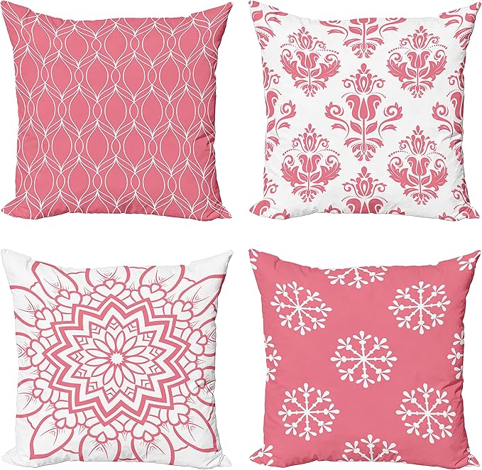 Ambesonne Retro Throw Pillow Cushion Case Pack of 4, Trellis Grid Medieval Floral Damask Mandala Flower Ornament in Modern Monochrome, Modern Accent Double-Sided Digital Printing, 18", Pastel Pink