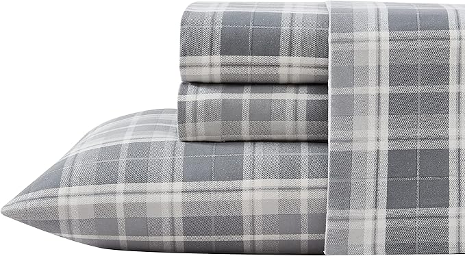 Laura Ashley - Flannel Sheets Full Size, Anti-Pilling & Wrinkle Resistant Cotton, Touchably Soft for All-Season Comfort - Bed Sheets with Matching Pillowcases & Fitted Sheet (Mulholland Plaid Grey)