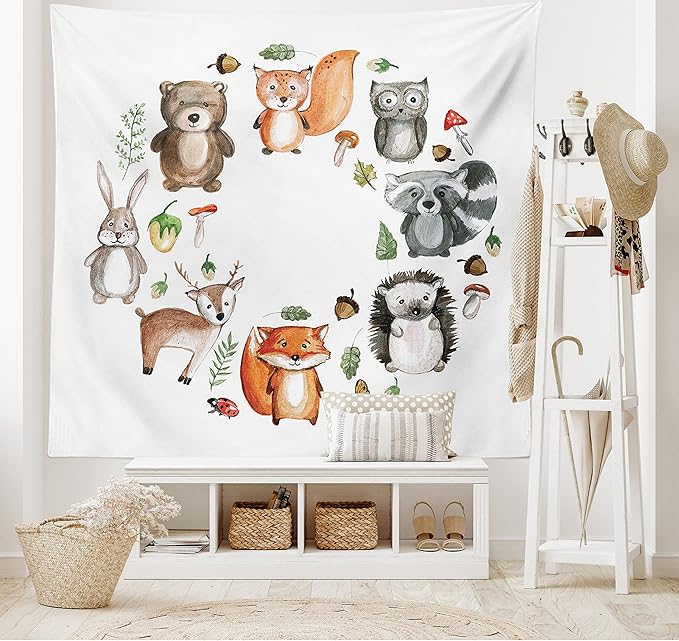 Lunarable Woodland Tapestry, Animals of The Forest Mushrooms Acorns Circular Frame Cartoon Pastel Colors, Wide Wall Hanging for Bedroom Living Room Dorm, 60" X 40", Multicolor