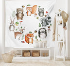 Lunarable Woodland Tapestry, Animals of The Forest Mushrooms Acorns Circular Frame Cartoon Pastel Colors, Wide Wall Hanging for Bedroom Living Room Dorm, 60" X 40", Multicolor
