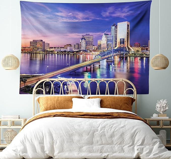 Ambesonne Urban Tapestry, Jacksonville Florida Architecture Business District Cityscape Evening Scene, Wide Wall Hanging for Bedroom Living Room Dorm, 60" X 40", Violet Blue Peach