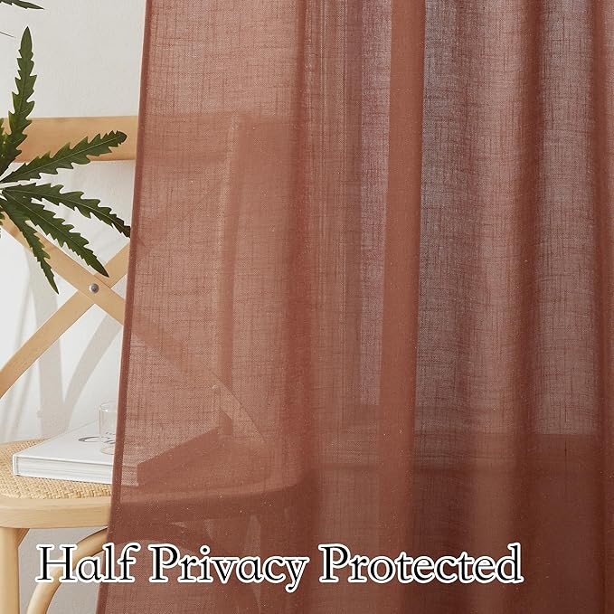 RYB HOME Flax Linen Blend Curtains 90 inches Long for Living Room Bedroom, Light Filtering Semi Translucent Window Treatments for Home Office, W 52 x L 102 inches, Terracotta, 2 Panels