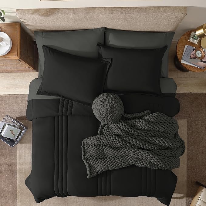 Monbix Queen Comforter Set - 7 Pieces Black Bed in a Bag Queen Bedding Sets with Comforters, All Seasons Down Alternative Comforter Bed Set with Sheets,Pillowcases & Shams