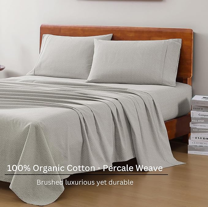 LANE LINEN 100% Organic Cotton Sheets King Size, Low Pilling Fade Resistant Machine Washable Naturally Cooling King Bedding Set, Soft & Comfy Sustainably Produced Cotton Sheets - Snowdrop