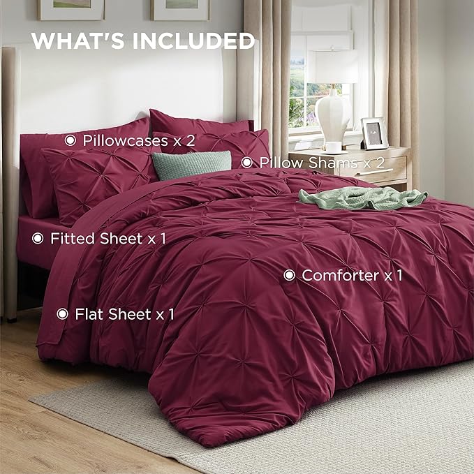 Bedsure Full Size Comforter Sets - Bedding Sets Full 7 Pieces, Pintuck Bed in a Bag Burgundy Bed Set with Comforter, Sheets, Pillowcases & Shams