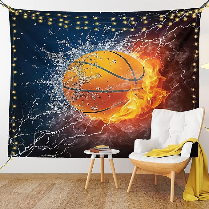 Ambesonne Sports Tapestry, Basketball Ball and Water Splashing Thunder Lightning Themed Design, Wall Hanging for Bedroom Living Room Dorm Decor, 40" X 60", Dark Blue and Burgundy