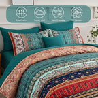 Boho King Size Comforter Set 8 Pieces,Green and Brown Bohemian Striped Bed in a Bag,Floral Soft Microfiber Bedding Comforter Set
