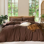 MooMee Bedding Duvet Cover Set 100% Washed Cotton Linen Like Textured Breathable Durable Soft Comfy (Solid Cocoa Brown, Twin 68"x90")