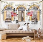 Lunarable Urban Tapestry King Size, European Coffee Shop at Paris Streets with Flowerbeds and Lanterns Romantic Print, Wall Hanging Bedspread Bed Cover Wall Decor, King Size, Beige Pink