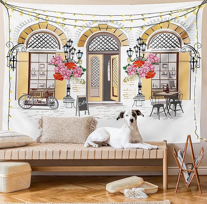 Lunarable Urban Tapestry King Size, European Coffee Shop at Paris Streets with Flowerbeds and Lanterns Romantic Print, Wall Hanging Bedspread Bed Cover Wall Decor, King Size, Beige Pink