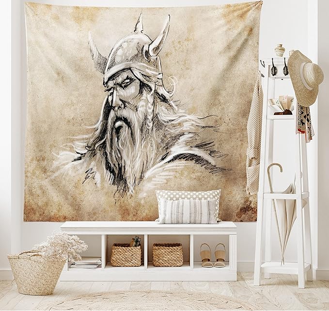 Lunarable Viking Tapestry, Sketch Style Scandinavian Warrior with Beard and Hat Masculine Portrait Tattoo, Wide Wall Hanging for Bedroom Living Room Dorm, 60" X 40", Beige Tan