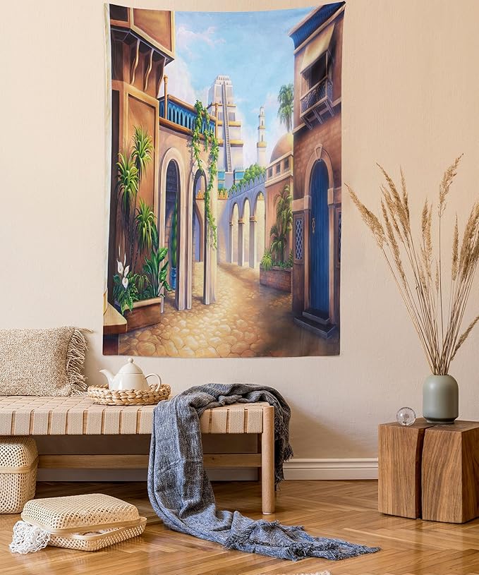 Lunarable City Tapestry Queen Size, Babylon City Gardens Architecture 7 Wonders of the World, Wall Hanging Bedspread Bed Cover Wall Decor, 88" X 88", Caramel Green