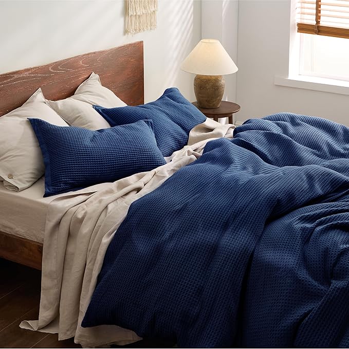 Bedsure Cotton Duvet Cover Set - 100% Cotton Waffle Weave Navy Duvet Cover California King, GentleSoft™ and Breathable Cal King Bedding Set for All Season, 3 Pieces, 104"x98"
