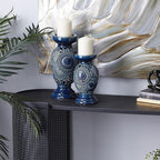 Deco 79 Ceramic Pillar Candle Holder with Cut Out Pattern, Set of 2 13", 10"H, Blue