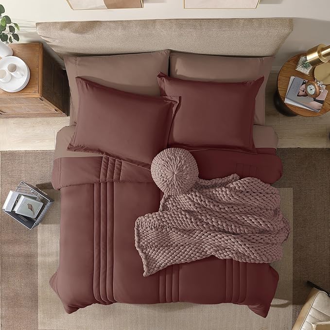 Monbix Full Comforter Set - 7 Pieces Dark Red Bed in a Bag Full Size Bedding Sets with Comforters, All Seasons Down Alternative Comforter with Sheets,Pillowcases & Shams
