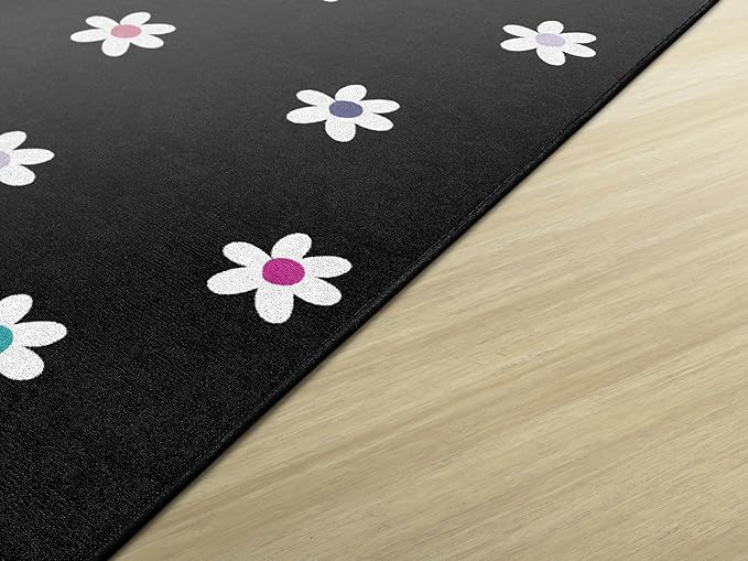 Flagship Carpets Schoolgirl Style Small Daisies on Black Educational Area Rug for Kids Room Seating Décor, Children's Classroom, Play Carpet for Teaching and Playroom, 7'6 "x 12'