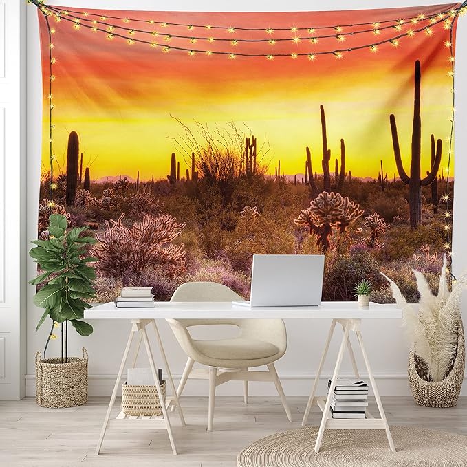 Ambesonne Saguaro Tapestry, Sun Rays Over Sonoran Desert at Sunset Brittle Bush Shrub Vibrant Colors, Wide Wall Hanging for Bedroom Living Room Dorm, 60" X 40", Red Orange Black