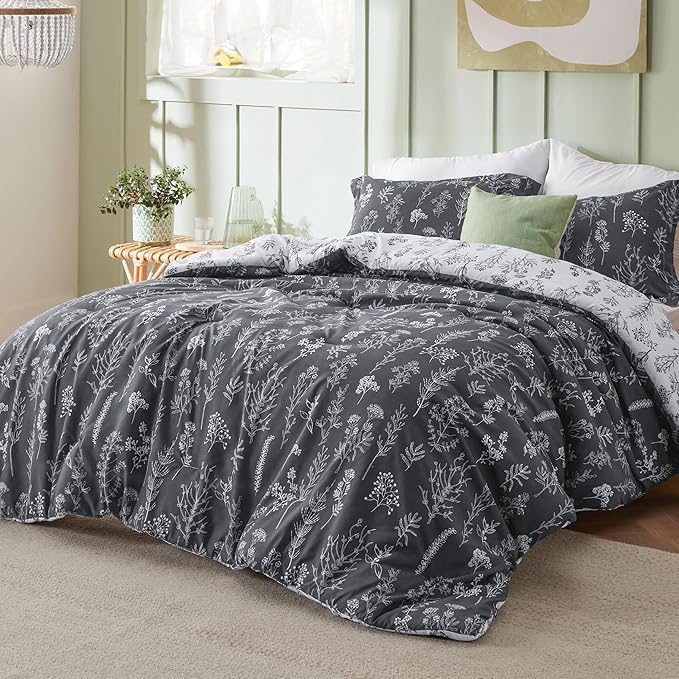 Bedsure Full Comforter Set - Dark Grey Bed Set, 3 Pieces Cute Floral Bedding, 1 Soft Reversible Botanical Flowers Comforter and 2 Pillow Shams