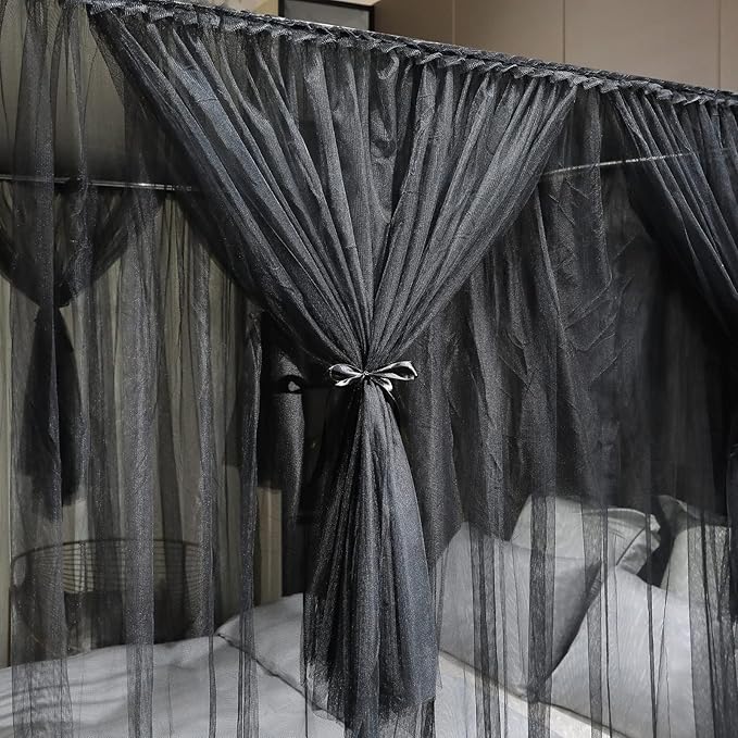Joyreap 4 Corners Post Canopy Bed Curtain Black- Twin Size Royal Luxurious Cozy Drapes Netting- Elegant Bedroom Decoration Accessories for Adults