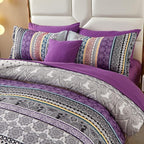 Boho Comforter Set California King Size,8 Piece Bed in a Bag Bohemian Striped Bedding Quilt Set,Purple Paisley Floral Comforter and Sheet Set,Soft Microfiber Complete Bedding Sets for All Season