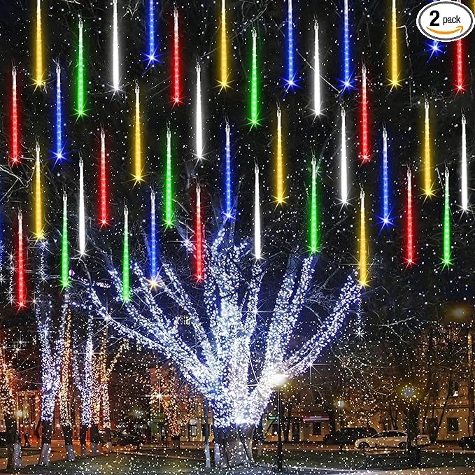 Joomer 2Pack Christmas Lights Outdoor, 11.8 inch 10 Tubes 240 LED Meteor Shower Lights, LED Falling Icicle Cascading Light with Timer Waterproof and Connectable for Christmas Decoration (Multicolor)