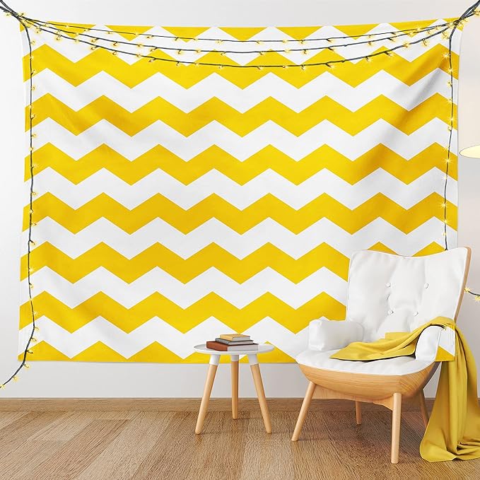 Lunarable Mustard Tapestry Twin Size, Zigzag Pattern Chevron Criss-Crossed Triangle Arrow Style Lines Geometric, Wall Hanging Bedspread Bed Cover Wall Decor, Twin Size, Yellow White
