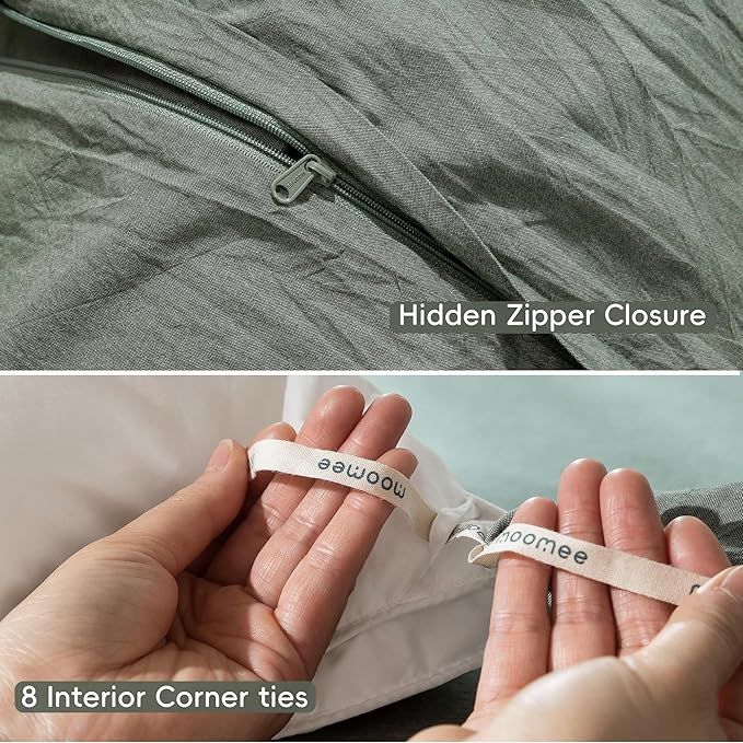 MooMee Bedding Duvet Cover Set 100% Washed Cotton Linen Like Textured Breathable Durable Soft Comfy (Heathered Green, Oversized Queen 98"x98")