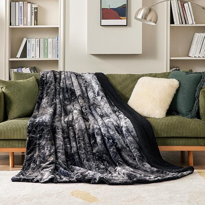Bedsure GentleSoft Sherpa Fluffy Blanket Twin Size - Fleece Warm and Cozy Throw for Women Gift, Plush & Fuzzy Faux Fur Christmas Blanket for Couch, Sofa, Bed Decor, Tie Dye Design, Black, 60x80 Inches