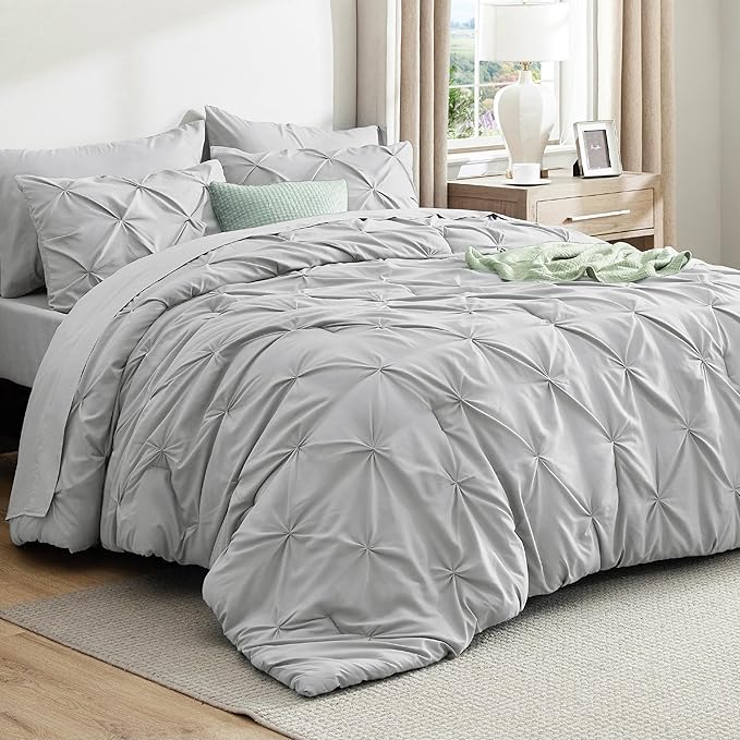 Bedsure Twin XL Comforter Set - Extra Long 5 Pieces Dorm Bedding Sets, GentleSoft™ Pinch Pleat Light Grey Bed in a Bag with Pintuck Comforter, Sheets, Pillowcase & Sham