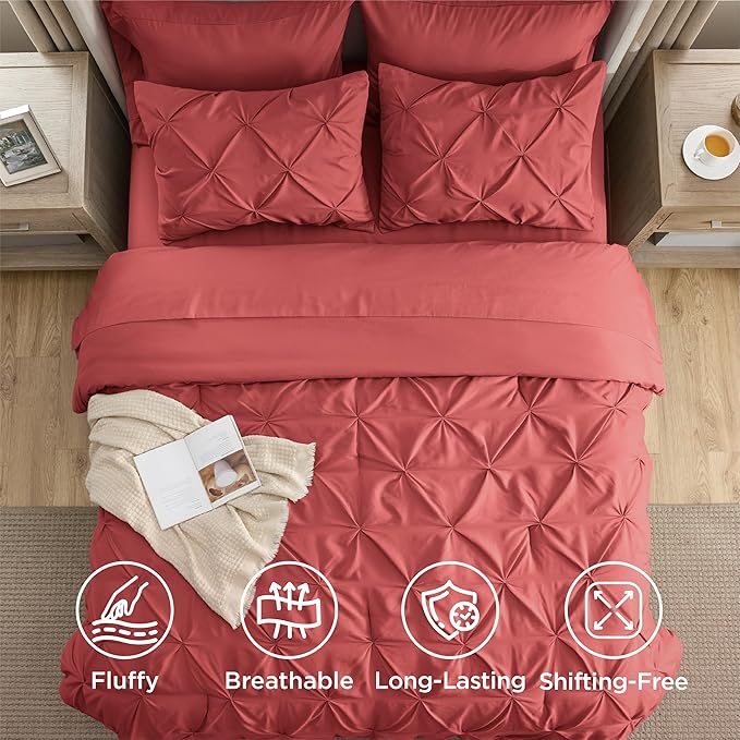 Bedsure California King Comforter Set - Bed in a Bag Cal King Bedding Set 7 PCS, GentleSoft™ Pintuck Bed Set Gift for Family, Pinch Pleat Coral Red Comforter with Sheets, Pillowcases & Shams