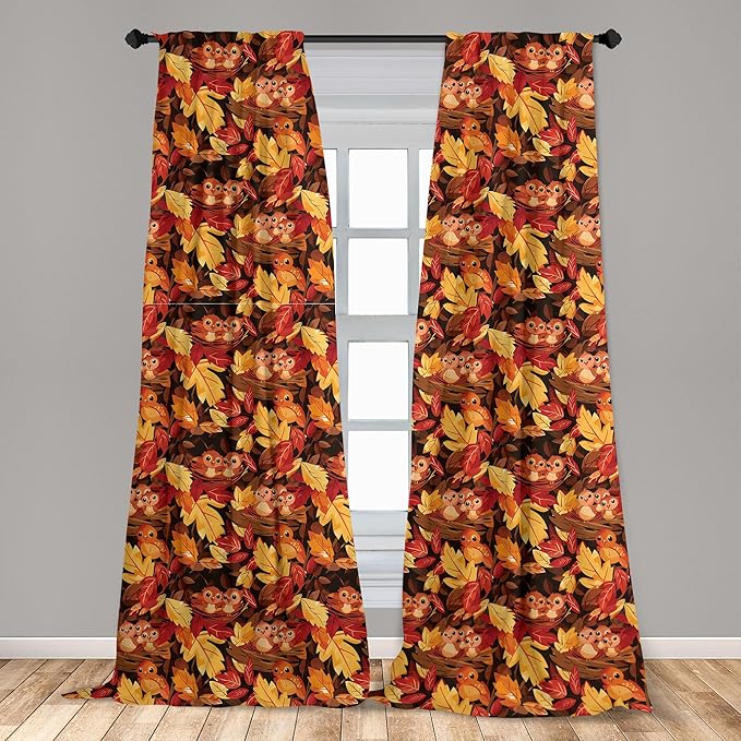 Ambesonne Fall Curtains, Happy Autumnal Colors with Birds in Nests Cartoon Illustration Print, Window Treatments 2 Panel Set for Living Room Bedroom, Pair of - 28" x 63", Cinnamon Amber and Orange