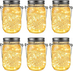 GIGALUMI Hanging Mason Jar Solar Lights, 6 Pack 30 Led Tinplate Lids Hanging Solar Lanterns Outdoor Waterproof, Hangers and Jars Included, Outdoor Decor for Balcony, Garden, Patio, Yard, Wedding