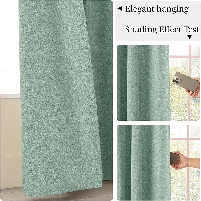 KangBang 100% Blackout Linen Curtains 72x108 Inches Long, Back Tab Pocket Pleated Room Darkening Curtains for Living Room Sliding Patio Door, Soft Thick Linen Textured Drapes, 2Pcs, Cameo Green
