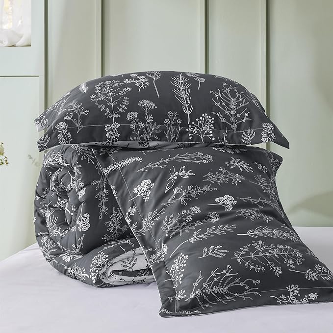 Bedsure Queen Comforter Set - Dark Grey Bed Set, 3 Pieces Cute Floral Bedding, 1 Soft Reversible Botanical Flowers Comforter and 2 Pillow Shams