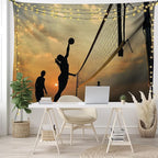 Lunarable Volleyball Tapestry, Beach Sports at Sunset Open Sky Net and Ball Activity Excitement Fun and Games, Wide Wall Hanging for Bedroom Living Room Dorm, 60" X 40", Black