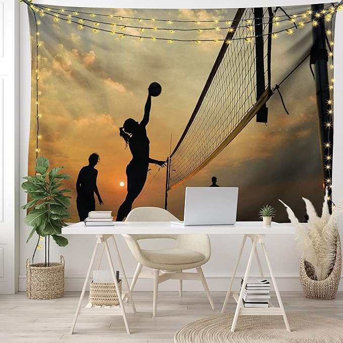 Lunarable Volleyball Tapestry, Beach Sports at Sunset Open Sky Net and Ball Activity Excitement Fun and Games, Fabric Wall Hanging Decor for Bedroom Living Room Dorm, 28" X 23", Black
