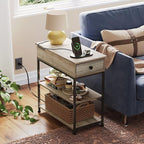 WLIVE Narrow Side Table with 2 USB Ports and 2 Outlets, Flip Top End Table with Drawer and Storage Shelves, Small Nightstand with Charging Station for Living Room/Bedroom, Greige