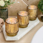 Kate Aspen Vintage Fluted Gold Glass Votive Candle Holders and Tea Lights Candles - Gold Candle Holders Set of 6 for Boho Home Decor, Kitchen Shelf and Bookshelf Decor, Rustic Table Decorations